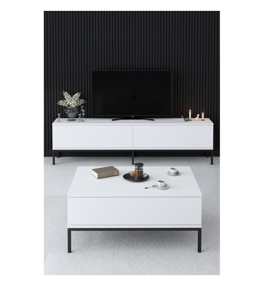 Table basse, noire, blanche, panneau de particules mélaminé, pieds en métal