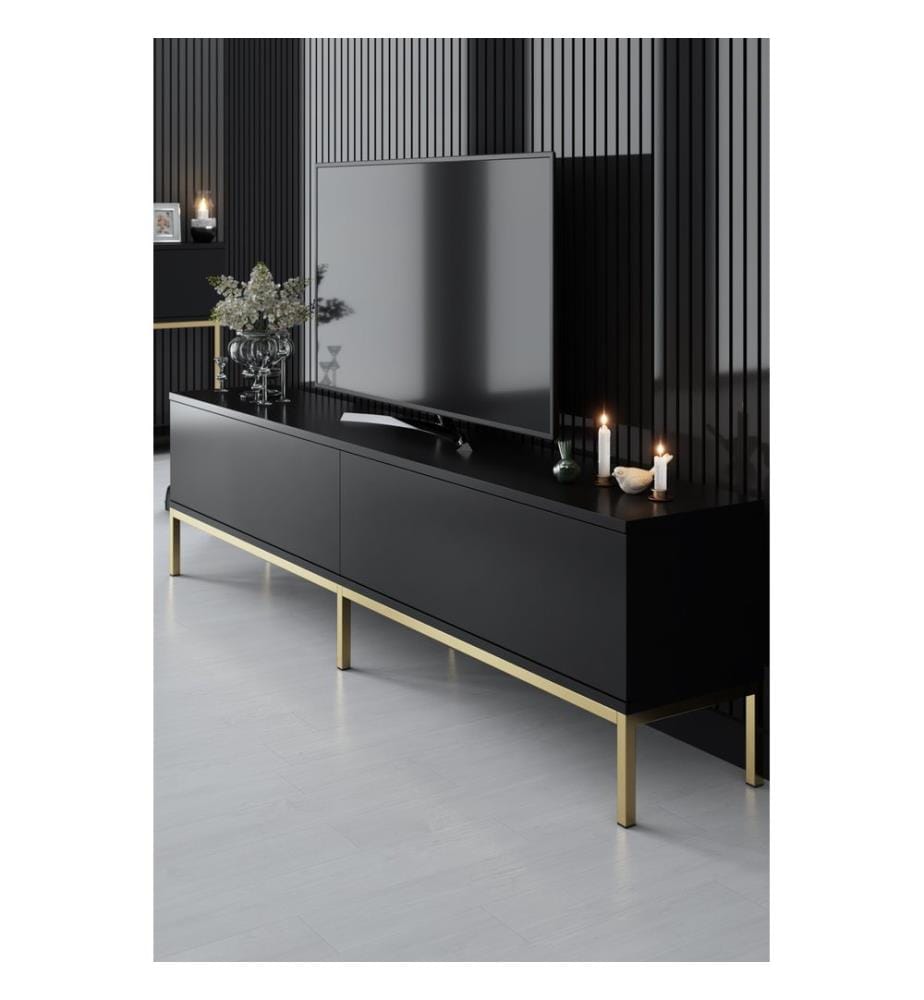 Wohnzimmermöbel-Set, Schwarz, Gold, Melaminbeschichtete Spanplatte, Metallbeine