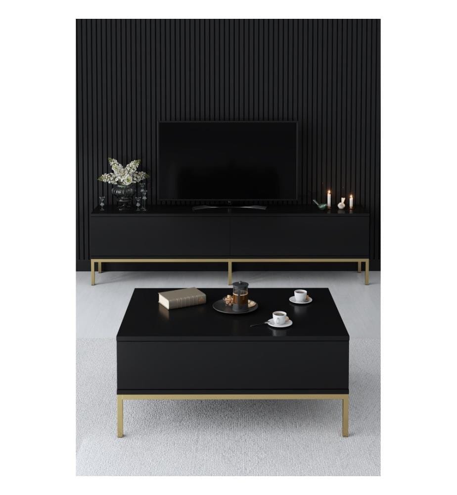 Wohnzimmermöbel-Set, Schwarz, Gold, Melaminbeschichtete Spanplatte, Metallbeine