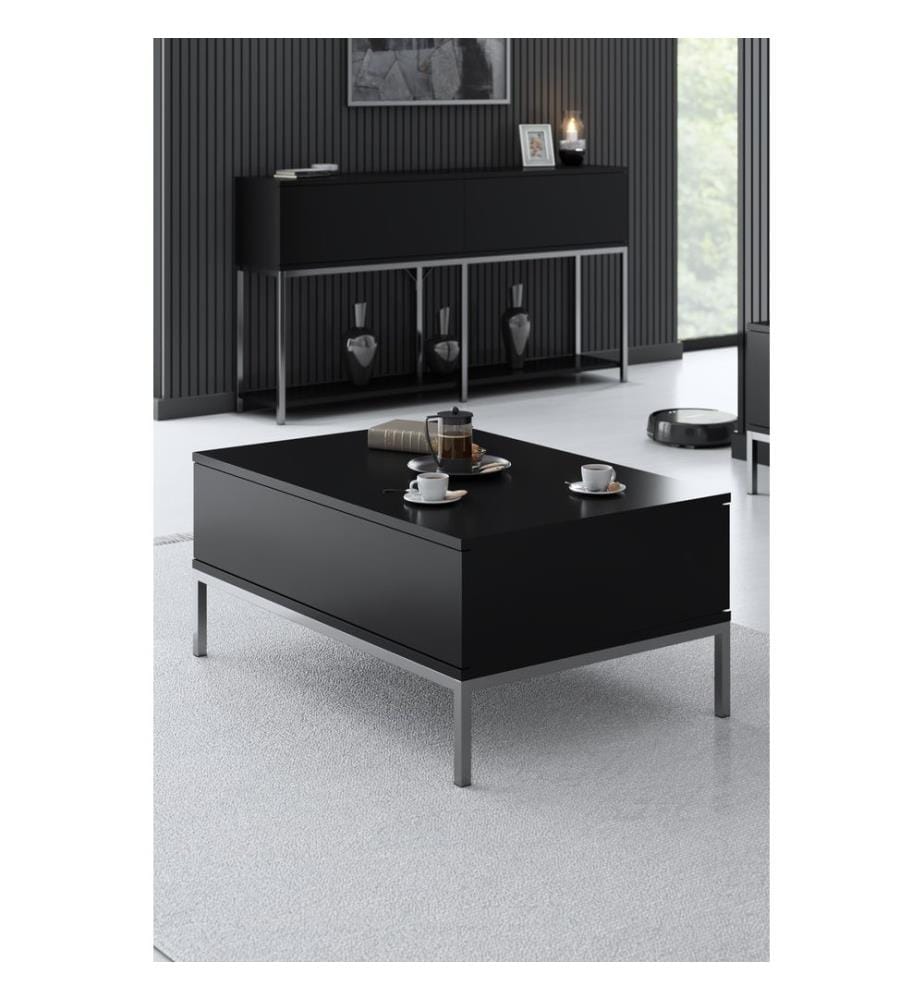Table basse, noire, argent, panneau de particules mélaminé, pieds en métal
