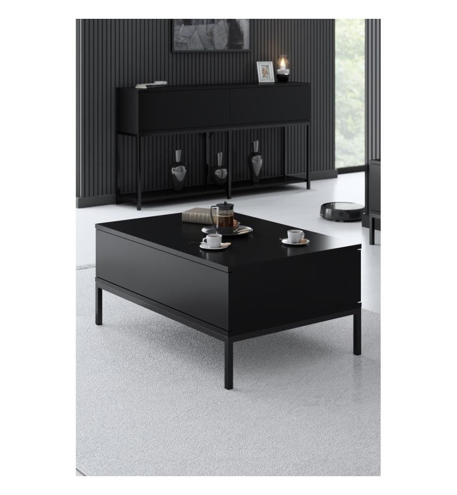 Table basse, noire, panneau de particules mélaminé, pieds en métal