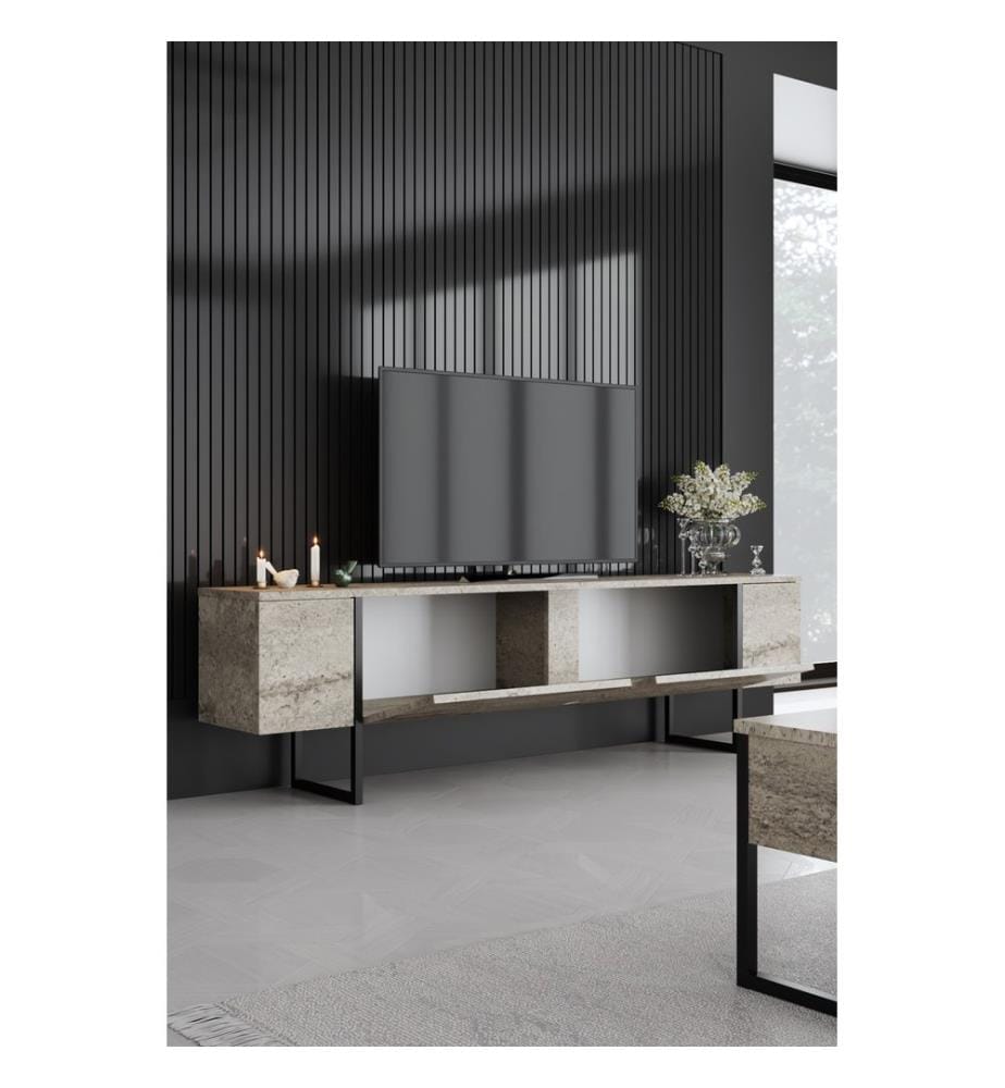Ensemble de meubles de salon, travertin, noir, panneau de particules 100 % mélaminé, pieds en métal