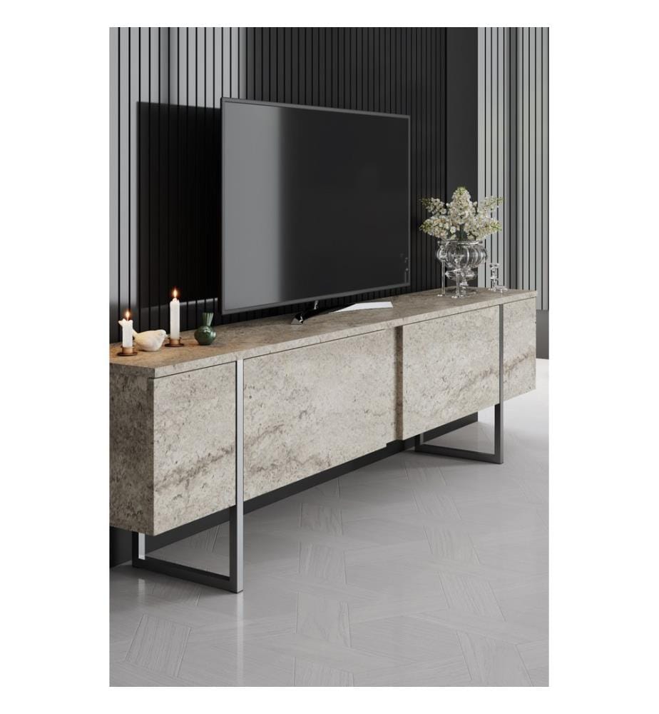 TV-Ständer, travertin, silber, 100 % MELAMINBESCHICHTETE SPANPLATTE, Metallbeine