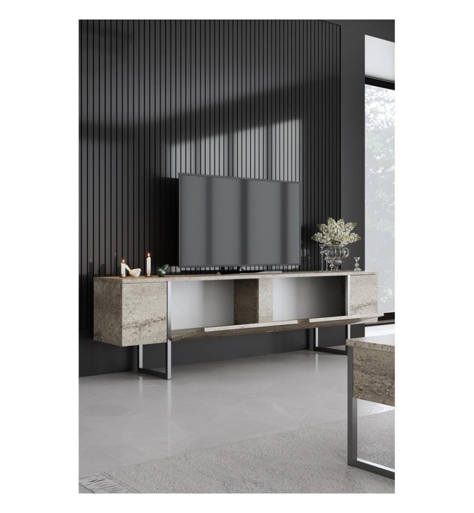 TV-Ständer, travertin, silber, 100 % MELAMINBESCHICHTETE SPANPLATTE, Metallbeine