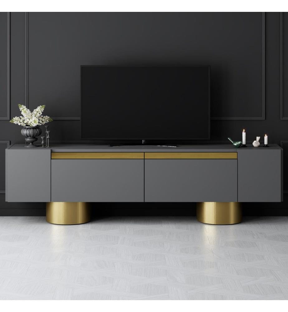 TV-Ständer, anthrazit, gold, 100 % MELAMINBESCHICHTETE SPANPLATTE, Metallbeine