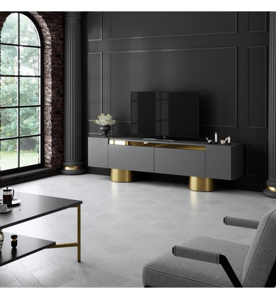 TV-Ständer, anthrazit, gold, 100 % MELAMINBESCHICHTETE SPANPLATTE, Metallbeine