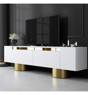 TV-Ständer, Weiss, Gold, 100 % MELAMINBESCHICHTETE SPANPLATTE, Metallbeine