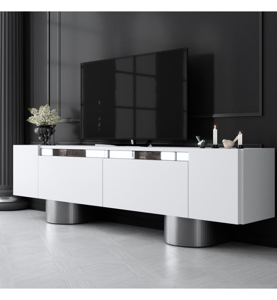 TV-Ständer, Weiss, Silber, 100 % MELAMINBESCHICHTETE SPANPLATTE, Metallbeine