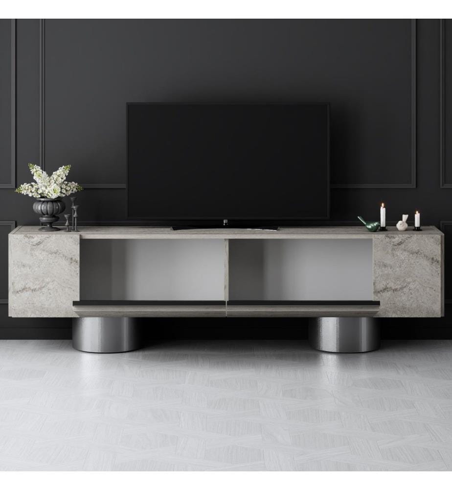 TV-Ständer, travertin, silber, 100 % MELAMINBESCHICHTETE SPANPLATTE, Metallbeine