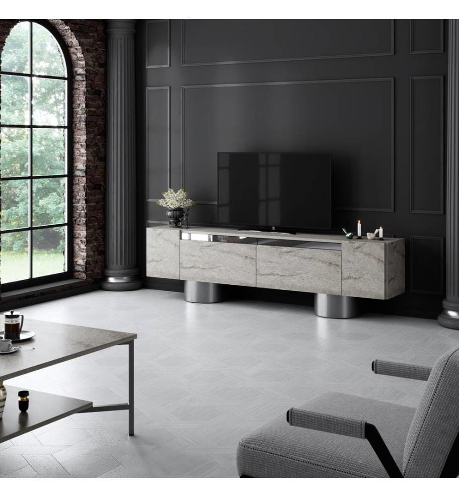 TV-Ständer, travertin, silber, 100 % MELAMINBESCHICHTETE SPANPLATTE, Metallbeine