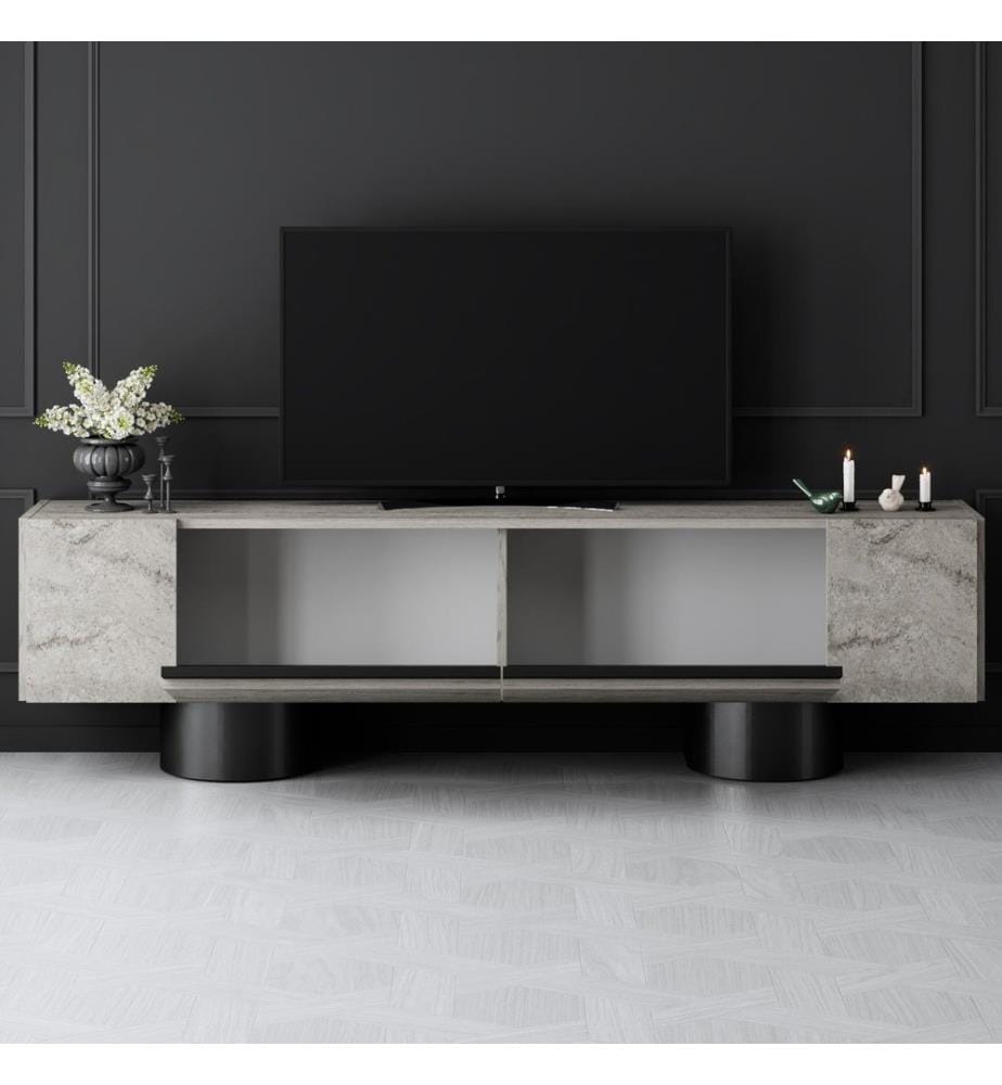 TV-Ständer, travertin, schwarz, 100 % MELAMINBESCHICHTETE SPANPLATTE, Metallbeine
