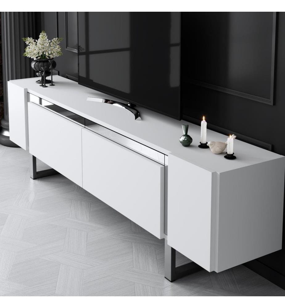 TV-Ständer, Weiss, Silber, 100 % MELAMINBESCHICHTETE SPANPLATTE, Metallbeine