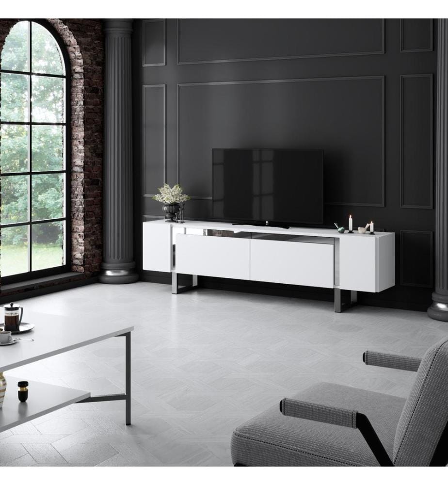 TV-Ständer, Weiss, Silber, 100 % MELAMINBESCHICHTETE SPANPLATTE, Metallbeine
