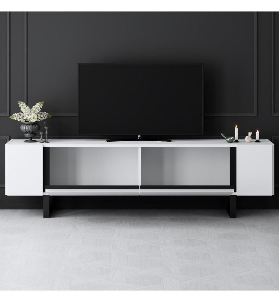 TV-Ständer, weiss, schwarz, 100 % MELAMINBESCHICHTETE SPANPLATTE, Metallbeine