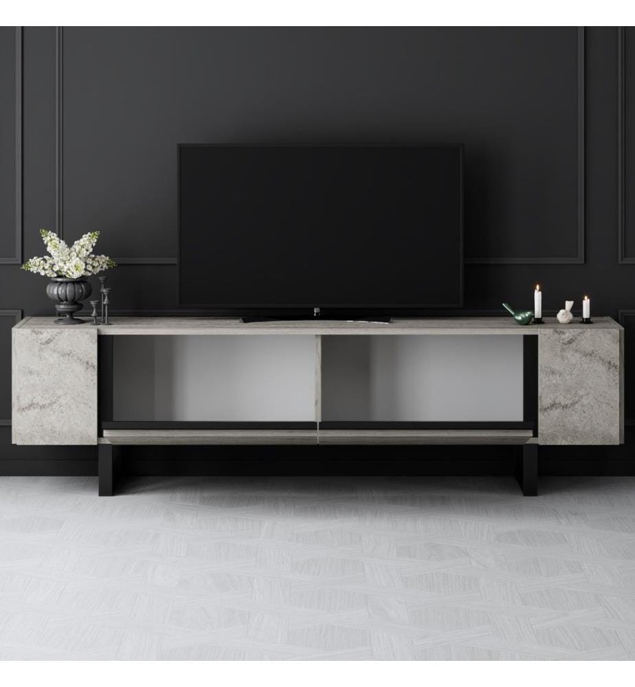 TV-Ständer, travertin, schwarz, 100 % MELAMINBESCHICHTETE SPANPLATTE, Metallbeine