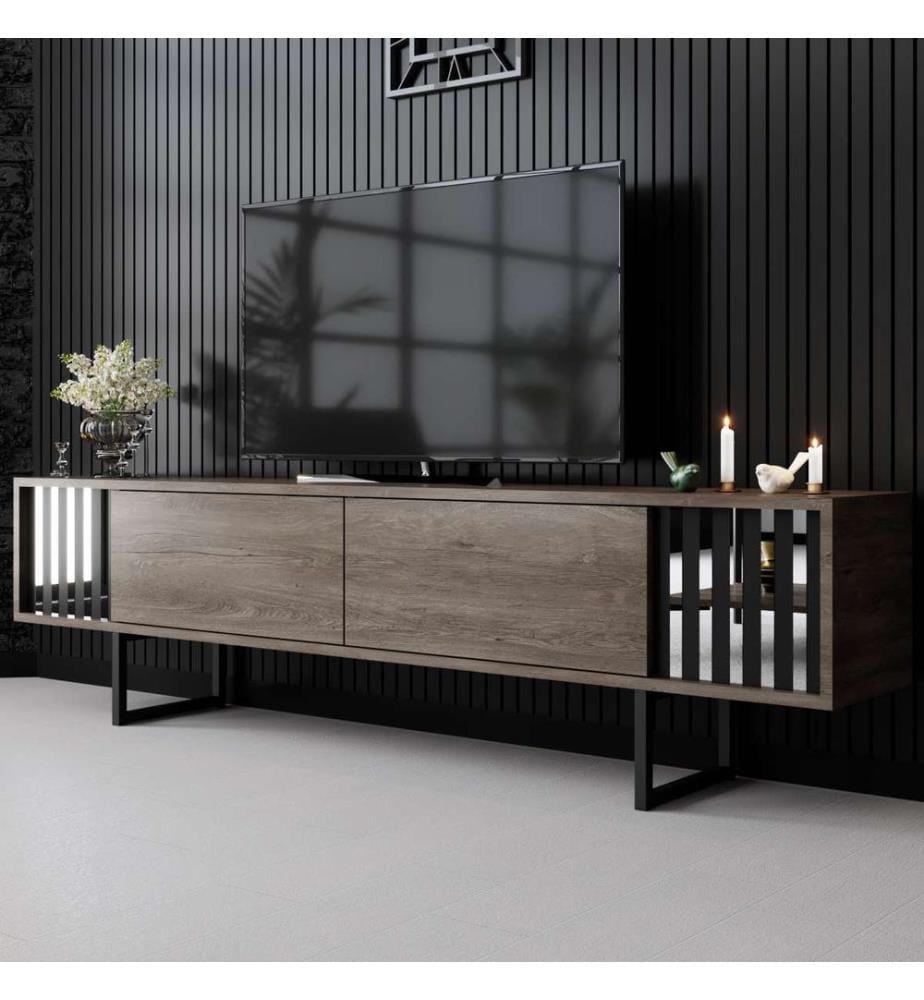 TV-Ständer, walnuss, schwarz, 100 % MELAMINBESCHICHTETE SPANPLATTE, Metallbeine