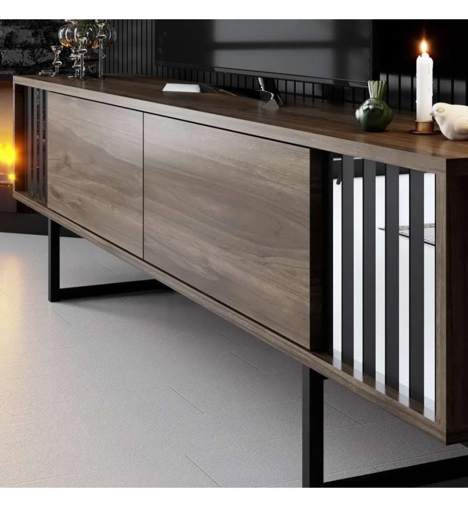 TV-Ständer, walnuss, schwarz, 100 % MELAMINBESCHICHTETE SPANPLATTE, Metallbeine