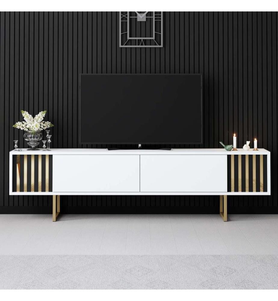 Mobile TV, bianco, oro, 100% PANNELLE DI PARTICELLE RIVESTITE IN MELAMMINA, gambe in metallo