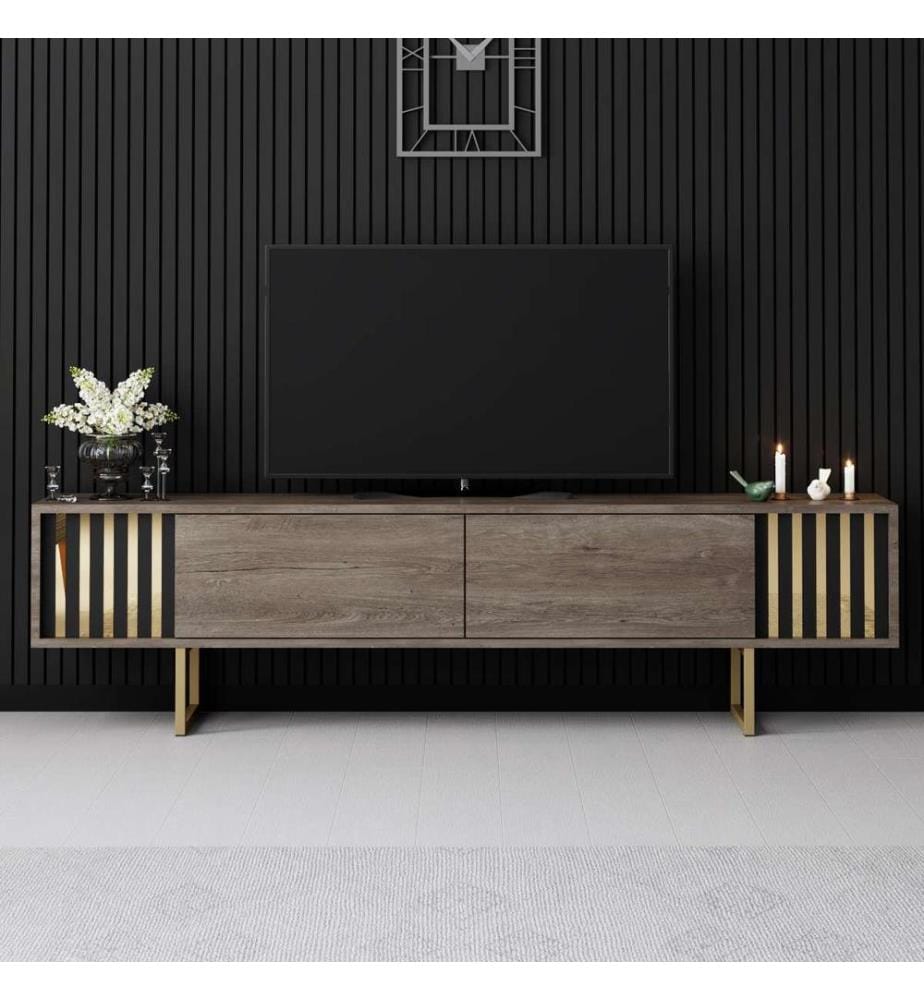 TV-Ständer, Walnuss, Gold, 100 % MELAMINBESCHICHTETE SPANPLATTE, Metallbeine