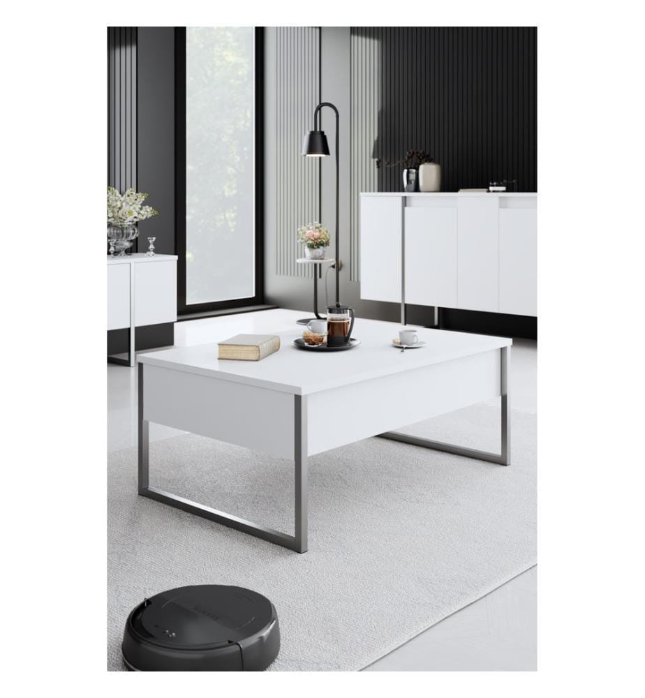 Table basse, blanc, argent, PANNEAU DE PARTICULES 100 % MÉLAMINÉ, pieds en métal