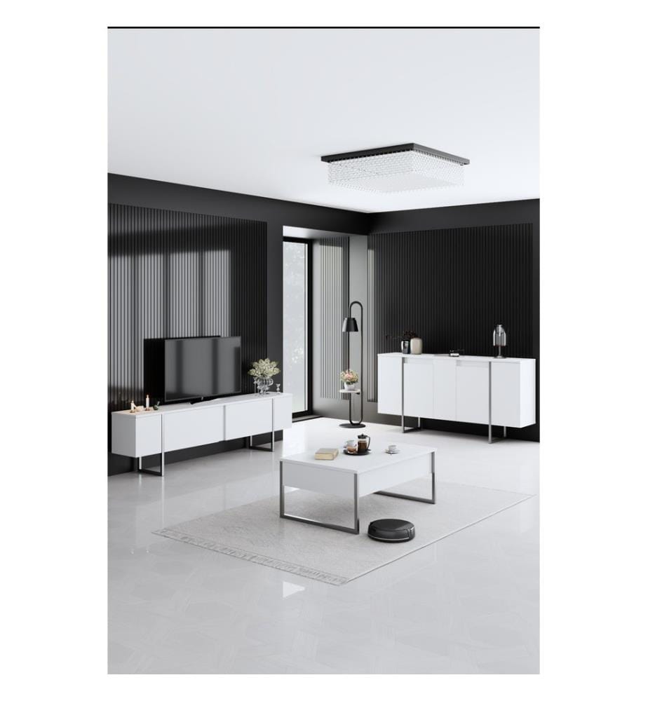 Table basse, blanc, argent, PANNEAU DE PARTICULES 100 % MÉLAMINÉ, pieds en métal