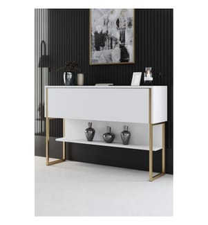 Commode, doré, blanc, panneau de particules 100 % mélaminé, pieds en métal