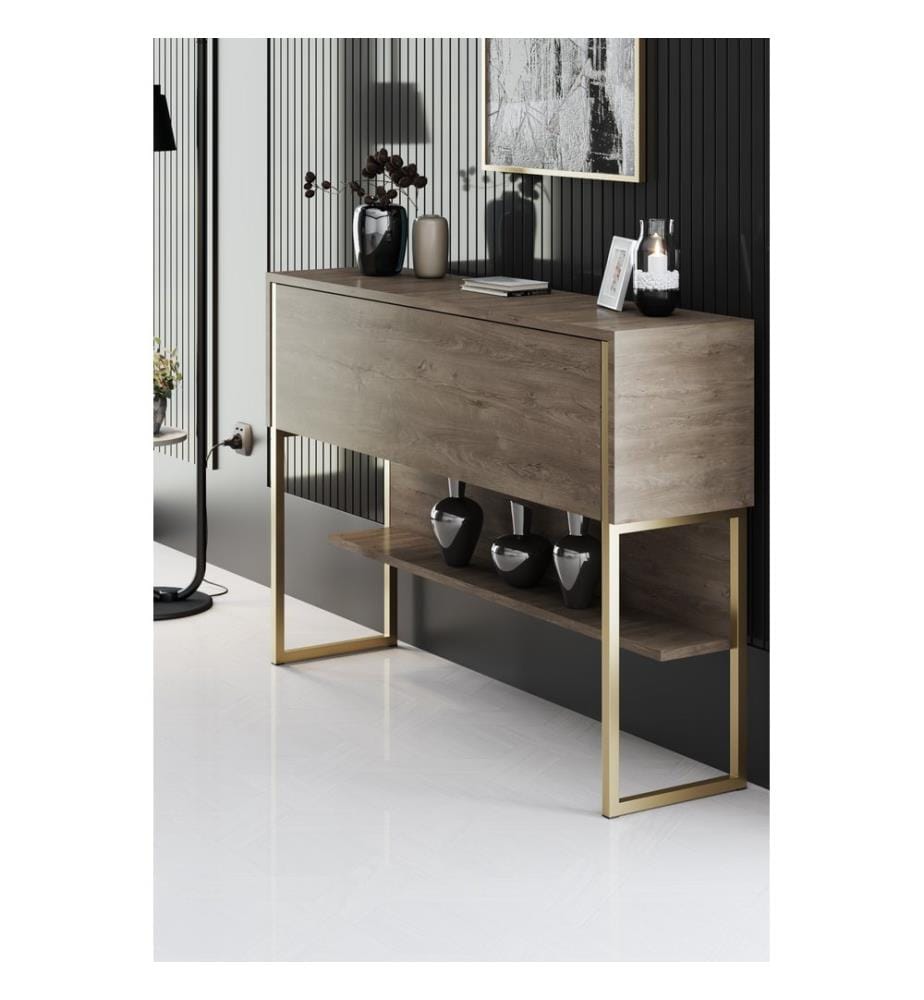 Commode, doré, noyer, panneau de particules 100 % mélaminé, pieds en métal
