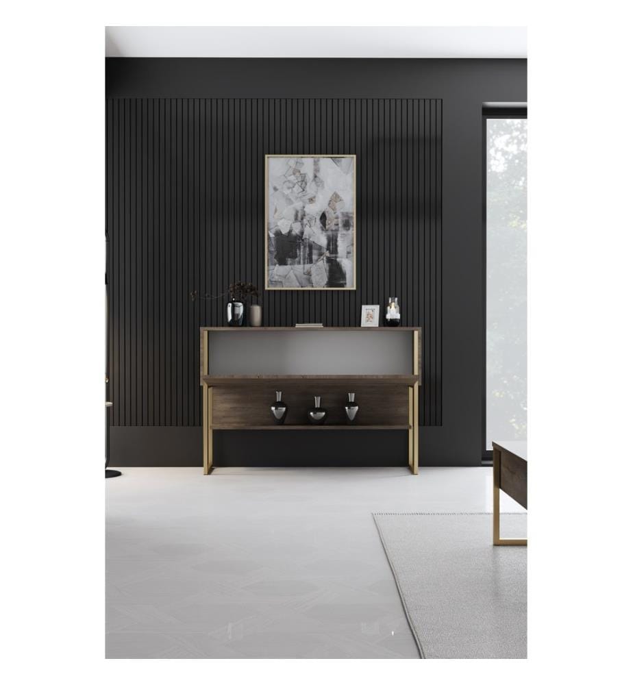 Commode, doré, noyer, panneau de particules 100 % mélaminé, pieds en métal
