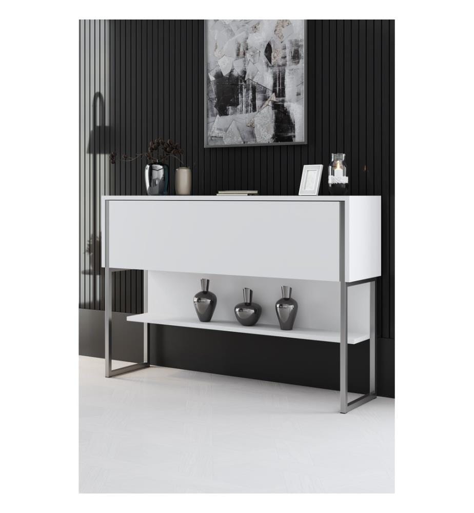 Commode, argent, blanc, panneau de particules 100 % mélaminé, pieds en métal