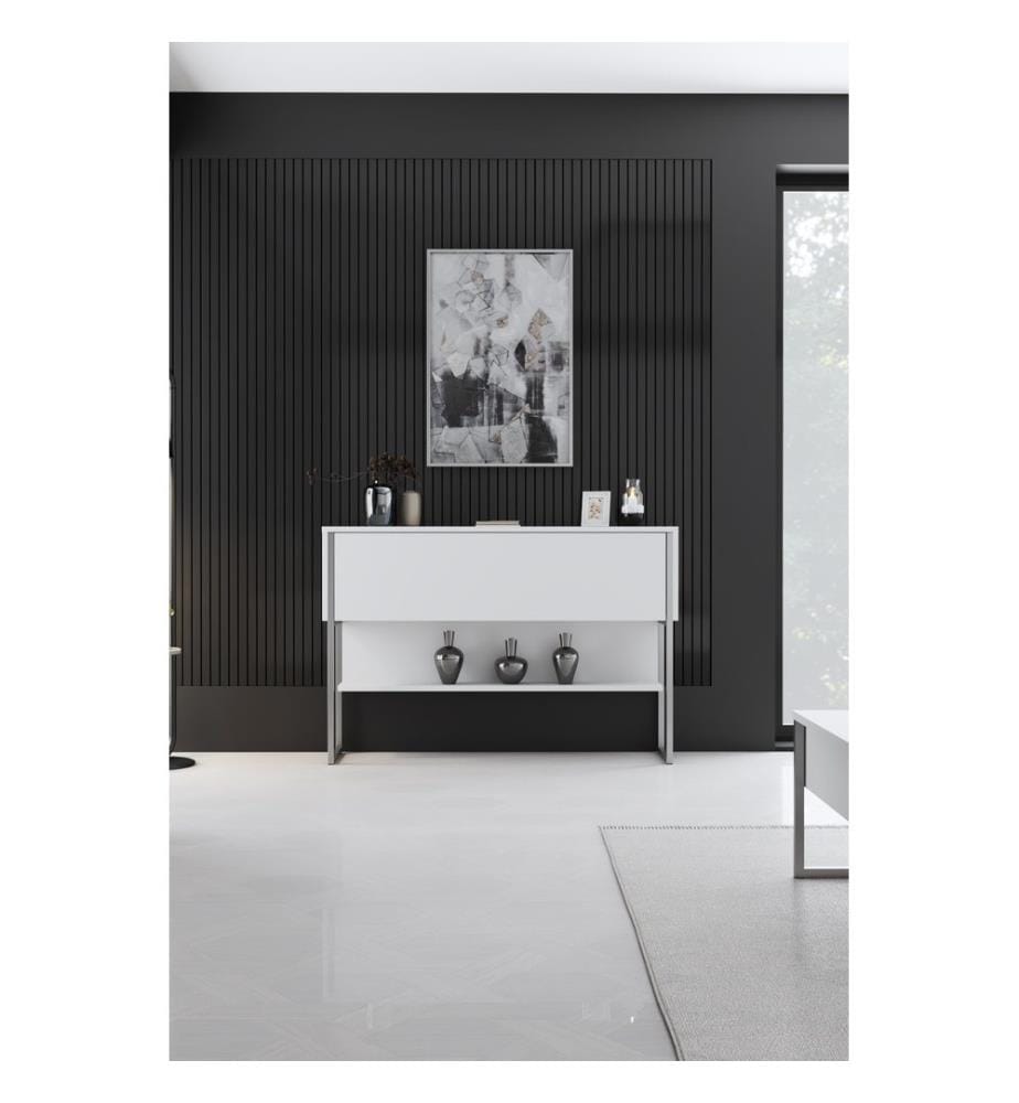 Commode, argent, blanc, panneau de particules 100 % mélaminé, pieds en métal