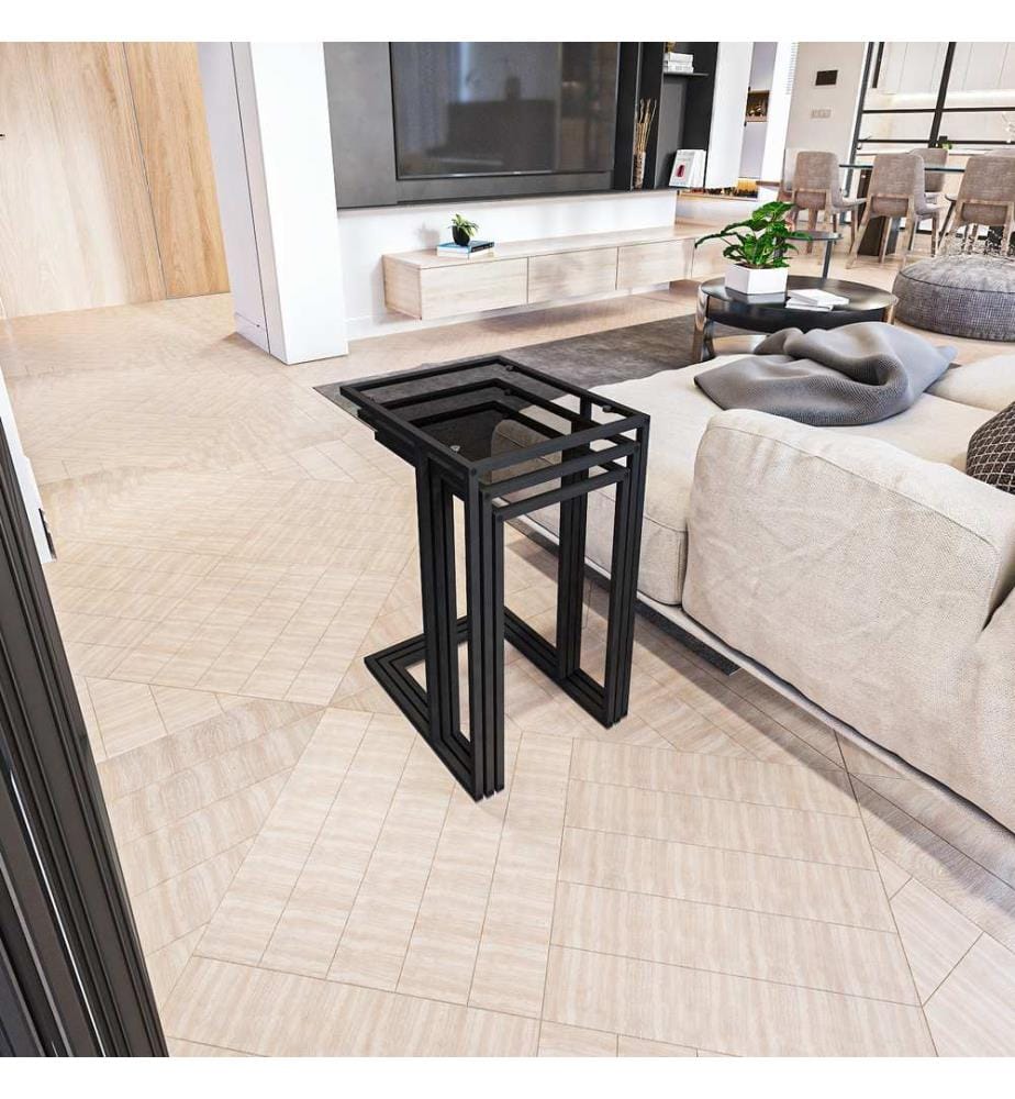 Table gigogne, 3 pièces, noir, 100% verre trempé