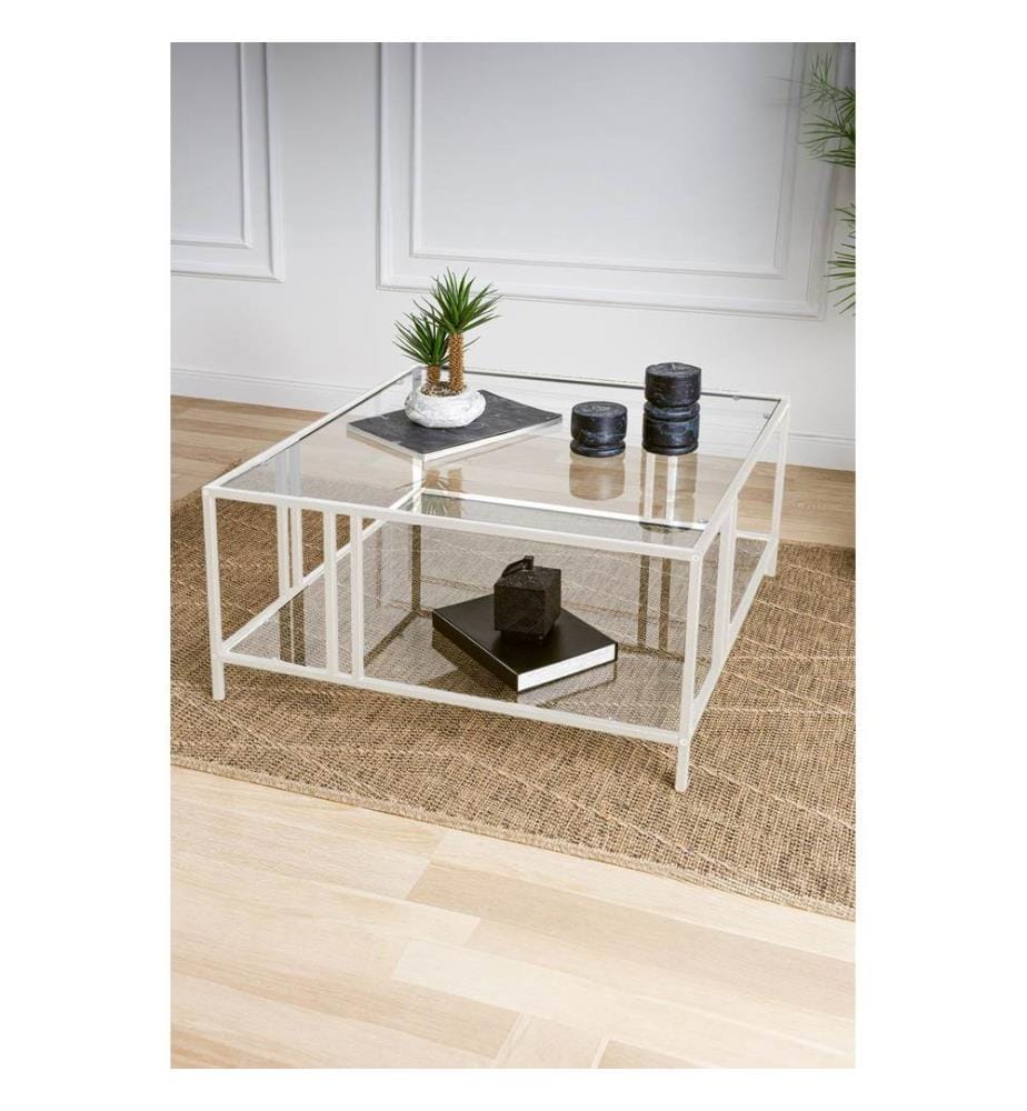 Table basse, blanche, transparente, 100 % VERRE TRANSPARENT TREMPÉ, structure : 100 % MÉTAL