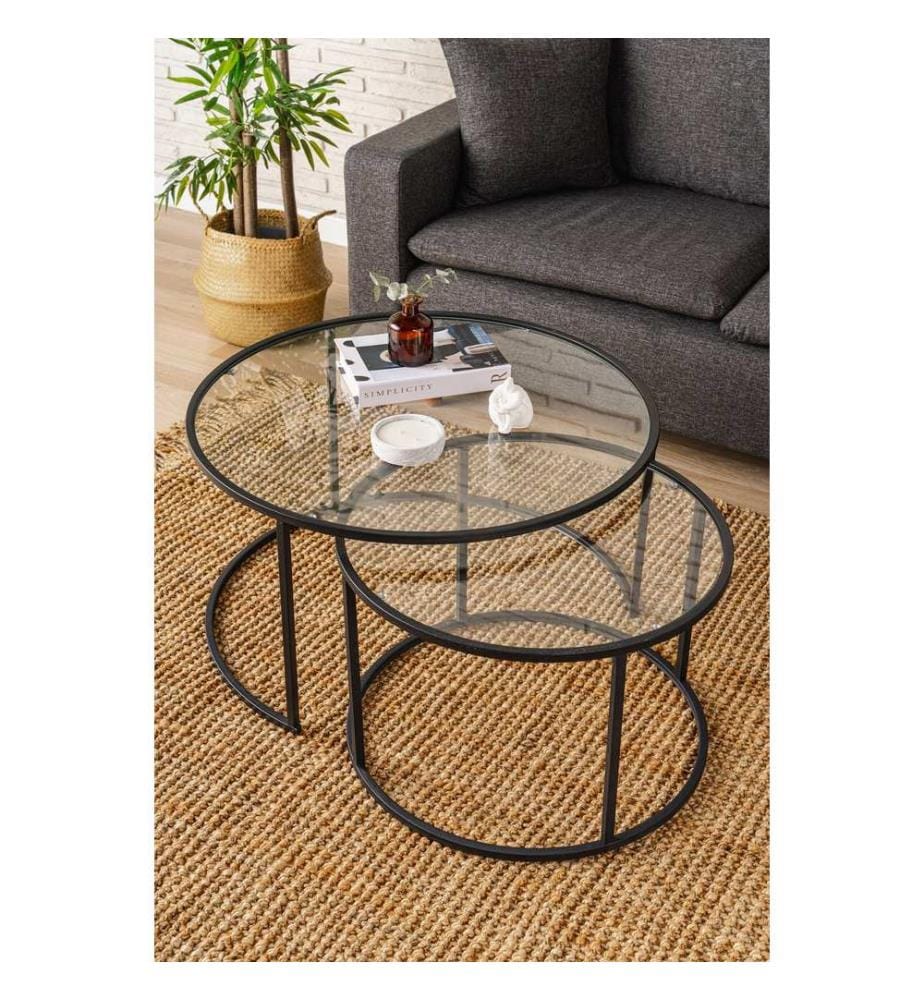Table basse, noire, transparente, 100 % VERRE TRANSPARENT TREMPÉ, structure : 100 % MÉTAL