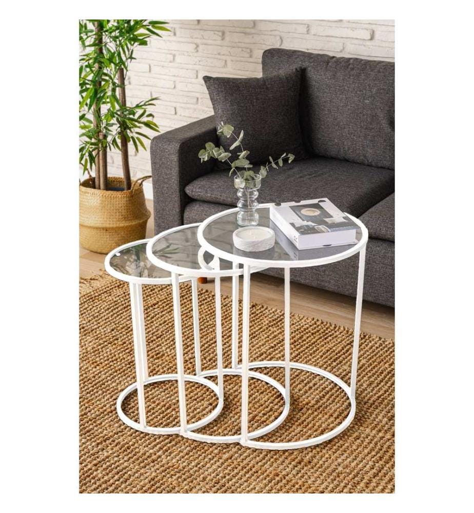 Table gigogne, 3 pièces, blanche, transparente, 100 % VERRE TRANSPARENT TEMPÉRÉ, structure : 100 % MÉTAL