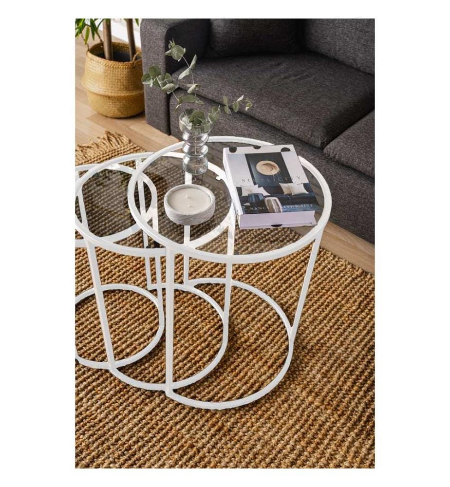 Table gigogne, 3 pièces, blanche, transparente, 100 % VERRE TRANSPARENT TEMPÉRÉ, structure : 100 % MÉTAL