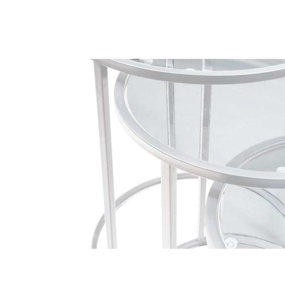 Table gigogne, 3 pièces, blanche, transparente, 100 % VERRE TRANSPARENT TEMPÉRÉ, structure : 100 % MÉTAL