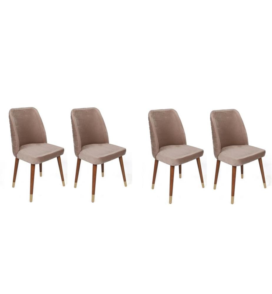 Stuhl-Set , 4 Stück, Beige, Walnuss, Gold, Gestell: Metall, Sitz: Samtstoff
