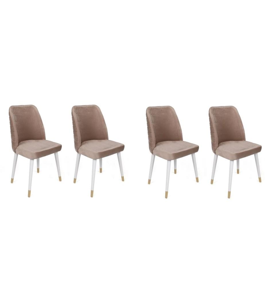 Stuhl-Set , 4 Stück, Beige, Weiss, Gold, Gestell: Metall, Sitz: Samtstoff