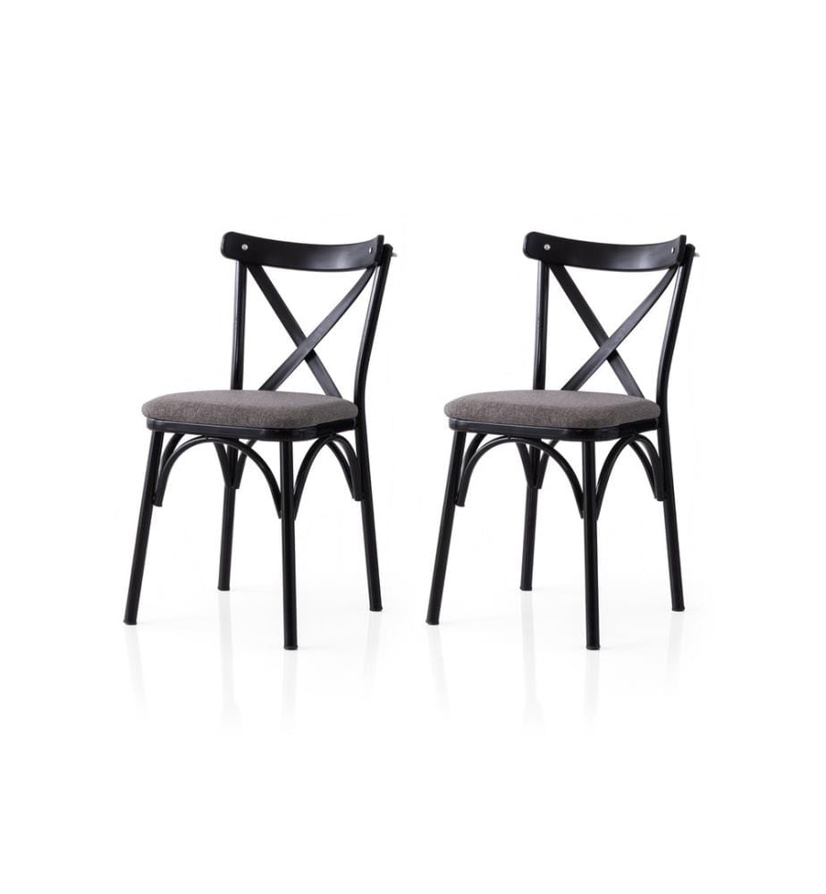 Ensemble de chaises, 2 pièces, noir, gris, structure : 100 % FER, assise : PANNEAU DE PARTICULES REVÊTU DE MÉLAMINE, dossier : PLASTIQUE, tissu en lin