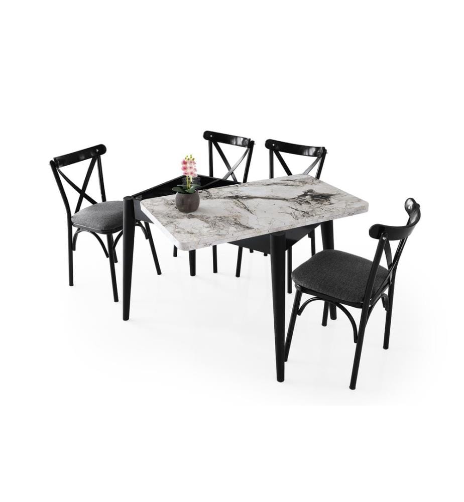 Ausziehbarer Esstisch, Weiss, Marmor, 100 % MELAMINBESCHICHTETE SPANPLATTE, Kunststoffbeine