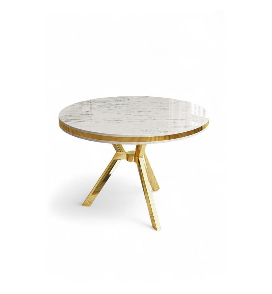 Table de salle à manger, marbre blanc, or, plateau 100 % laqué
