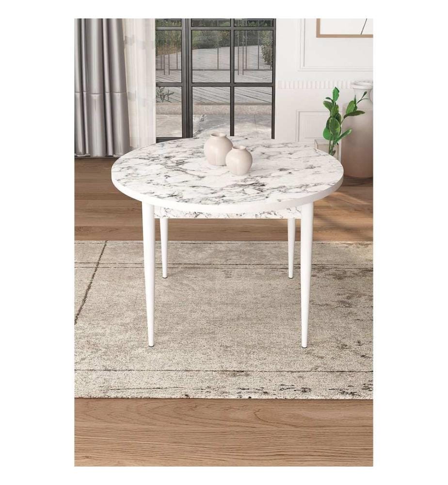 Table de salle à manger, marbre blanc, blanc, 100 % panneau de particules