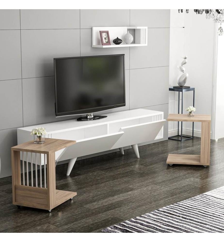 TV-Möbel, Walnuss, Weiss, 100 % melaminbeschichtete Spanplatte