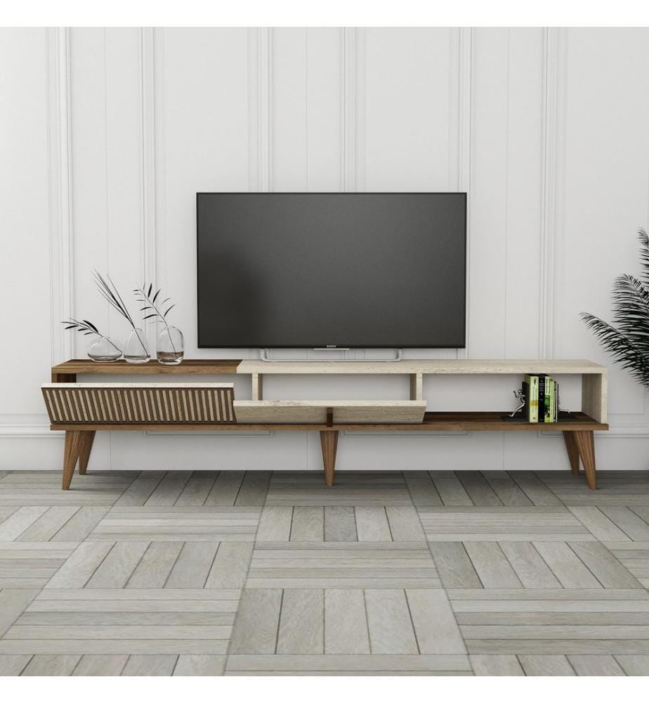 TV-Ständer, Walnuss, Travertin, 100 % melaminbeschichtete Spanplatte, Kunststoffbeine