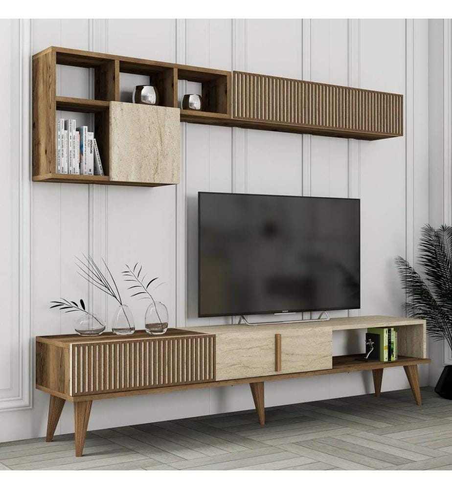 TV-Möbel, Walnuss, Travertin, 100 % melaminbeschichtete Spanplatte