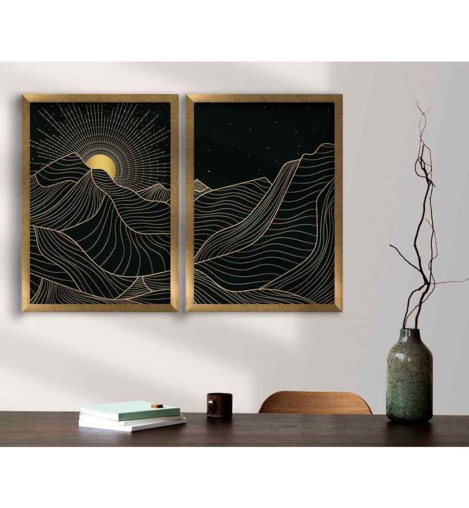 Decorative Framed MDF Painting, 2 Pieces, Gold Black, MDF, Wooden Framed