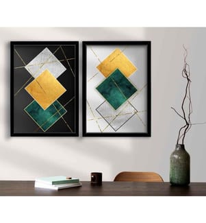 Quadro decorativo incorniciato in MDF, 2 pezzi, oro verde grigio nero, MDF, cornice in legno