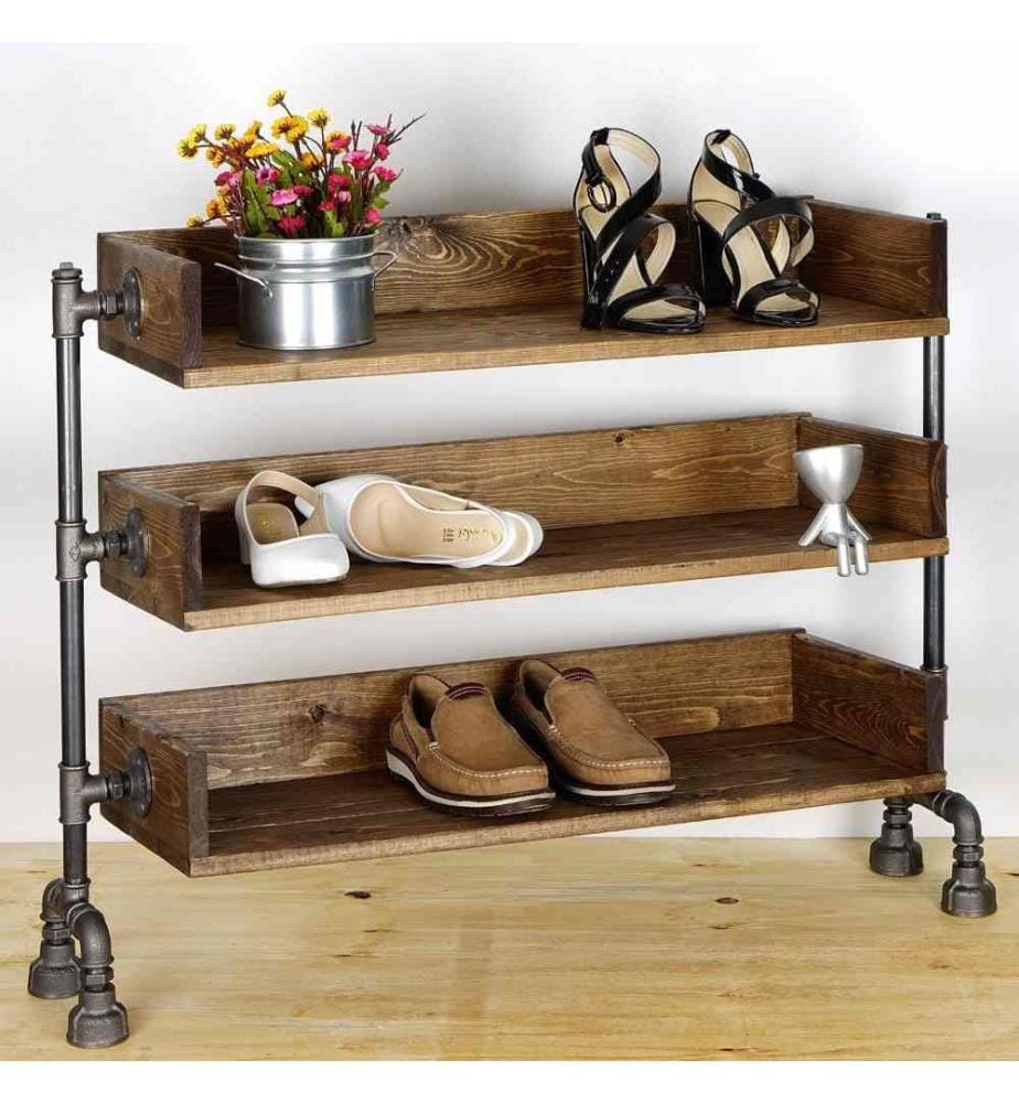 Schuhschrank mit Rohrrahmen, Nussbaum, Schwarz, Fichtenholz, Metallrohr
