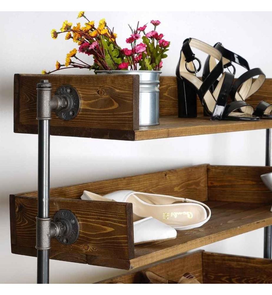 Schuhschrank mit Rohrrahmen, Nussbaum, Schwarz, Fichtenholz, Metallrohr