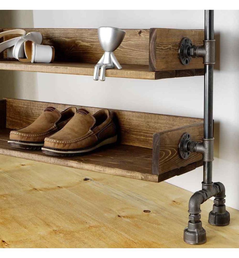 Schuhschrank mit Rohrrahmen, Nussbaum, Schwarz, Fichtenholz, Metallrohr